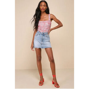 Women's Lulus Floral Print Mesh Ruched Sleeveless Top Size L - White/Red